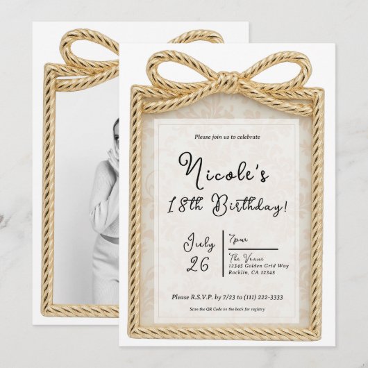 Invitation Gold Bow Cadeau cadeau Cadeau photo Anniversaire (Devant / Derrière)