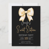 Invitation Gold Bow Coquette Script Sweet 16 Party Black (Devant)