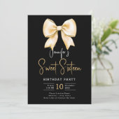 Invitation Gold Bow Coquette Script Sweet 16 Party Black (Debout devant)