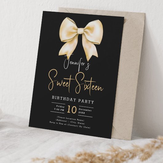 Invitation Gold Bow Coquette Script Sweet 16 Party Black