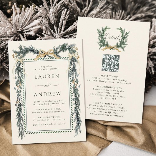 Invitation Gold Bow & Green Garland Wedding All in One Ivory