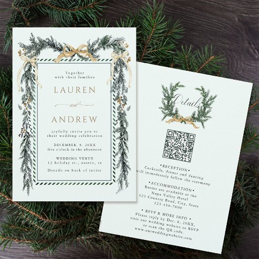 Invitation Gold Bow & Green Garland Wedding All in One Mint
