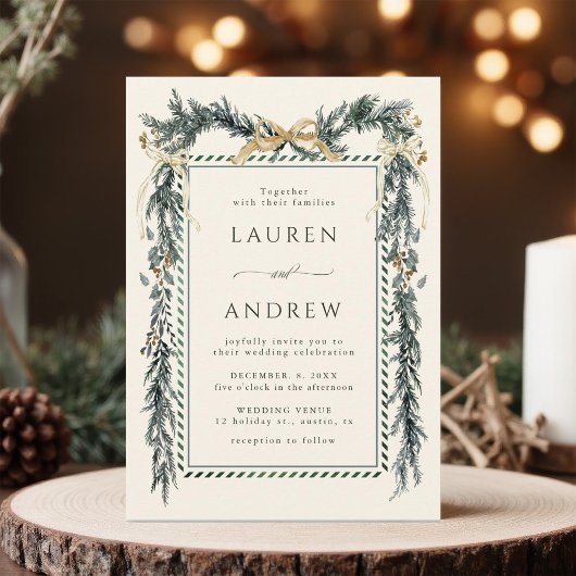 Invitation Gold Bow & Greenery Garland Wedding Ivory
