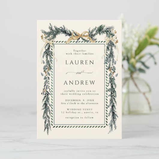 Invitation Gold Bow & Greenery Garland Wedding Ivory (Debout devant)