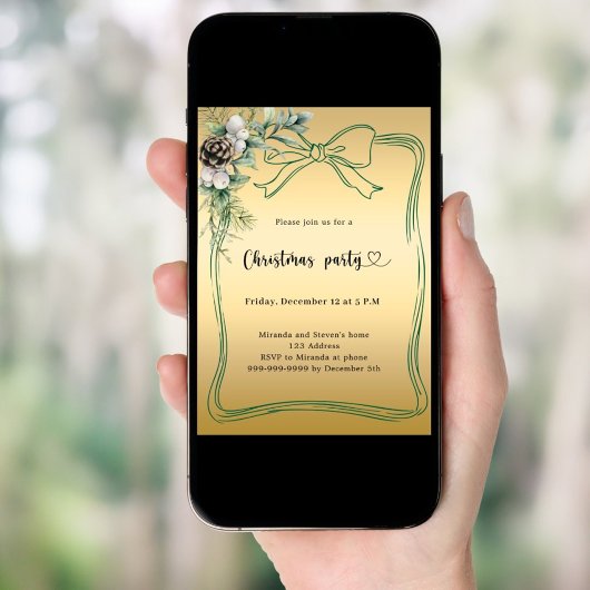 Invitation Gold bow pin verdure fête de Noël