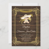 Invitation Gold Boy Baptême Mexicain Christening Rustic Wood (Devant)