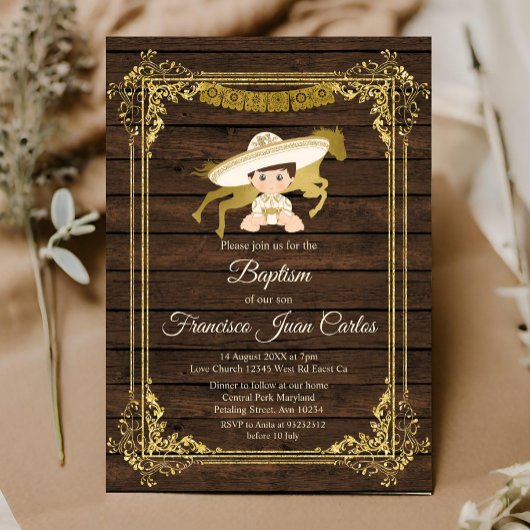 Invitation Gold Boy Baptême Mexicain Christening Rustic Wood