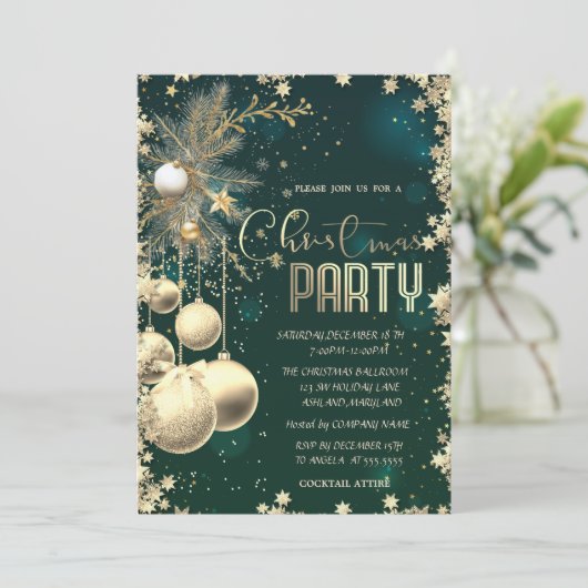 Invitation Gold Branches Balls Stars Green Company Christmas (Debout devant)