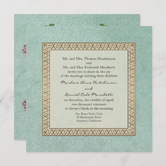 Invitation Gold Brocade Damask Floral Formal Mariage élégant (Devant / Derrière)