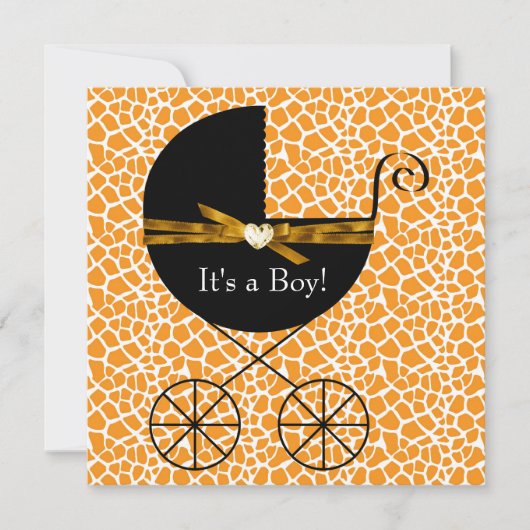 Invitation Gold Brown Carriage Boy Giraffe Baby shower (Devant)