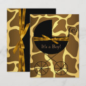 Invitation Gold Brown Carriage Boy Giraffe Baby shower (Devant / Derrière)
