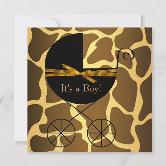 Invitation Gold Brown Carriage Boy Giraffe Baby shower (Devant)