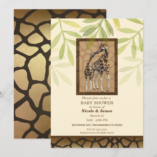Invitation Gold Brown Kissing Giraffes Zoo Baby shower (Devant / Derrière)