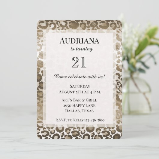 Invitation Gold Brown Leopard Poster de animal Anniversaire (Debout devant)