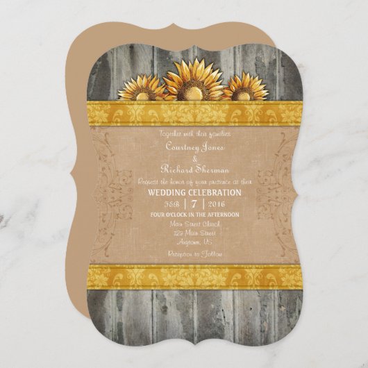 Invitation Gold Brown Rustic Sunflower (Devant / Derrière)