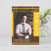 Invitation Gold Brown School Color Graduation Photo Plaid (Debout devant)