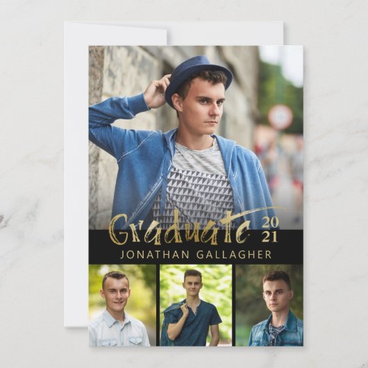 Invitation Gold Brush Graduate Photo Collage noir (Devant)