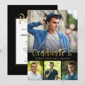 Invitation Gold Brush Graduate Photo Collage noir (Devant / Derrière)