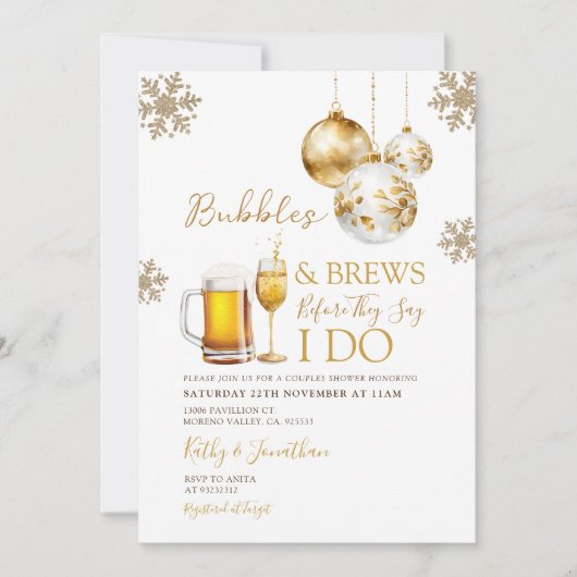 Invitation Gold Bubbles & Brews Bière Noël Couples Douche (Devant)