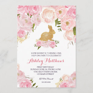 Invitation Gold Bunny anniversaire rose Floral Invitation,