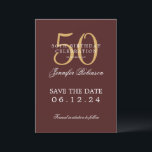Invitation Gold Burgundy 50th Birthday Enregistrer la date<br><div class="desc">Design élégant "50th Birthday Party" avec un script de typographie formel,  nom personnalisé et texte détaillé. Facile à utiliser et facile à personnaliser. Commandez aujourd'hui !</div>