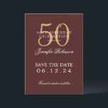 Invitation Gold Burgundy 50th Birthday Enregistrer la date<br><div class="desc">Design élégant "50th Birthday Party" avec un script de typographie formel,  nom personnalisé et texte détaillé. Facile à utiliser et facile à personnaliser. Commandez aujourd'hui !</div>
