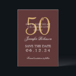 Invitation Gold Burgundy 50th Birthday Enregistrer la date Dé<br><div class="desc">Design élégant "50th Birthday Party" avec un script de typographie formel,  nom personnalisé et texte de détails. Facile à utiliser et facile à personnaliser. Commandez aujourd'hui !</div>