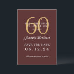Invitation Gold Burgundy 60th Birthday Save Date avec détails<br><div class="desc">Design élégant "60th Birthday Party" avec un script de typographie formel,  nom personnalisé et texte de détails. Facile à utiliser et facile à personnaliser. Commandez aujourd'hui !</div>