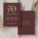 Invitation Gold Burgundy 70th Birthday Enregistrer la date<br><div class="desc">Design élégant "70th Birthday Party" avec un script de typographie formel,  nom personnalisé et texte détaillé. Facile à utiliser et facile à personnaliser. Commandez aujourd'hui !</div>