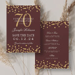 Invitation Gold Burgundy 70th Birthday Enregistrer la date Dé<br><div class="desc">Elégant design "70th Birthday Party" avec faux confettis de parties scintillant & détails texte. Facile à utiliser et facile à personnaliser. Commandez aujourd'hui !</div>