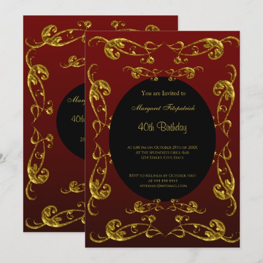 Invitation Gold Burgundy Black 40th Birthday Party (Devant / Derrière)