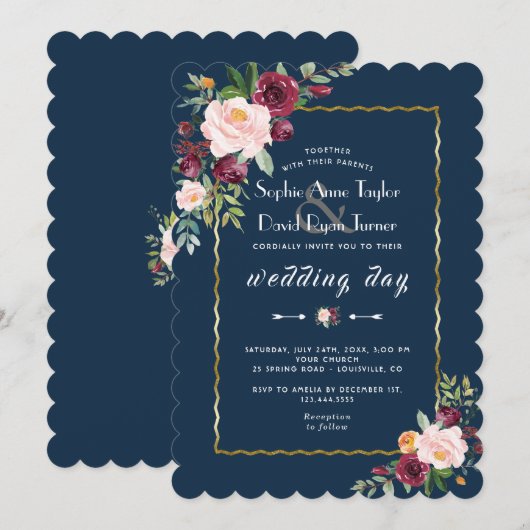 Invitation Gold Burgundy Blush Floral Navy Mariage bleu (Devant / Derrière)