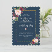 Invitation Gold Burgundy Blush Floral Navy Mariage bleu (Debout devant)