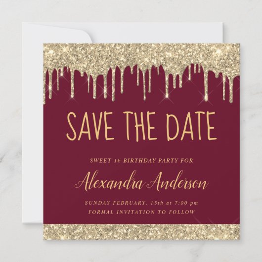 Invitation Gold Burgundy Chic Parties scintillant Sweet 16 En (Devant)