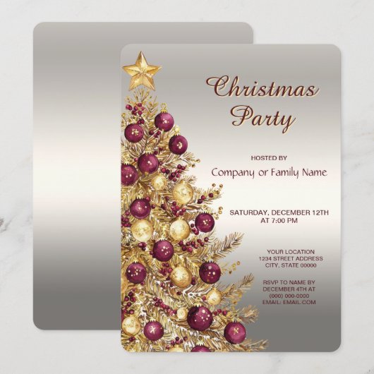 Invitation Gold Burgundy Christmas Tree Holiday Party (Devant / Derrière)