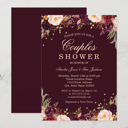 Invitation Gold Burgundy Elégant Couples Floral Douche (Devant / Derrière)