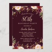 Invitation Gold Burgundy Elégant Floral 80e fête d'anniversai (Devant / Derrière)
