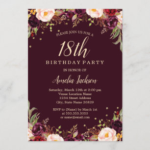 Invitation Gold Burgundy Floral Élégant 18e anniversaire