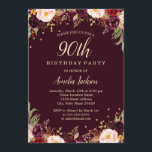 Invitation Gold Burgundy Floral Elégant 90ème Anniversaire<br><div class="desc">Plus joli fleurs Invitations d'anniversaire dans le Little Bayleigh Store!</div>