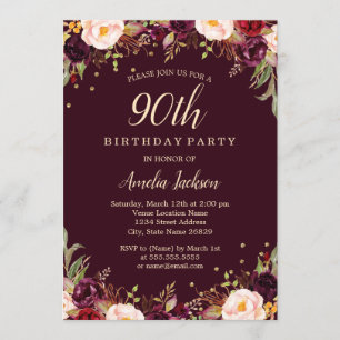 Invitation Gold Burgundy Floral Elégant 90ème Anniversaire