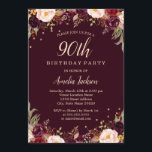 Invitation Gold Burgundy Floral Elegant 90th Birthday Party<br><div class="desc">Plus jolies invitations d'anniversaire florales dans le Little Bayleigh Store!</div>