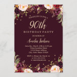 Invitation Gold Burgundy Floral Elegant 90th Birthday Party<br><div class="desc">Plus jolies invitations d'anniversaire florales dans le Little Bayleigh Store!</div>