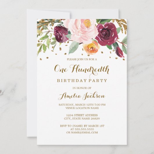 Invitation Gold Burgundy Floral Parties scintillant 100e fête (Devant)