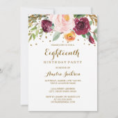 Invitation Gold Burgundy Floral Parties scintillant 18e fête  (Devant)