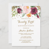 Invitation Gold Burgundy Floral Parties scintillant 21e fête  (Devant)