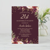 Invitation Gold Burgundy floral Sparkle 21e anniversaire fête (Debout devant)