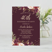 Invitation Gold Burgundy floral Sparkle 40e fête d'anniversai (Debout devant)