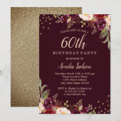 Invitation Gold Burgundy floral Sparkle 60e fête d'anniversai (Devant / Derrière)