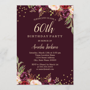 Invitation Gold Burgundy floral Sparkle 60e fête d'anniversai