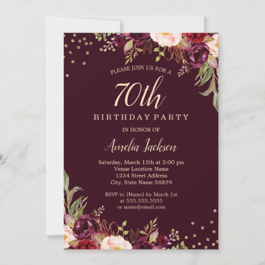 Invitation Gold Burgundy floral Sparkle 70e fête d'anniversai (Devant)